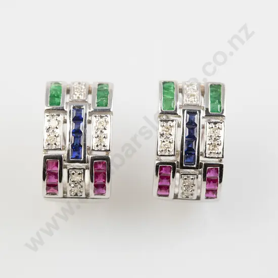 Pair 18ct White Gold Multi-Gem Half Hoop Earrings