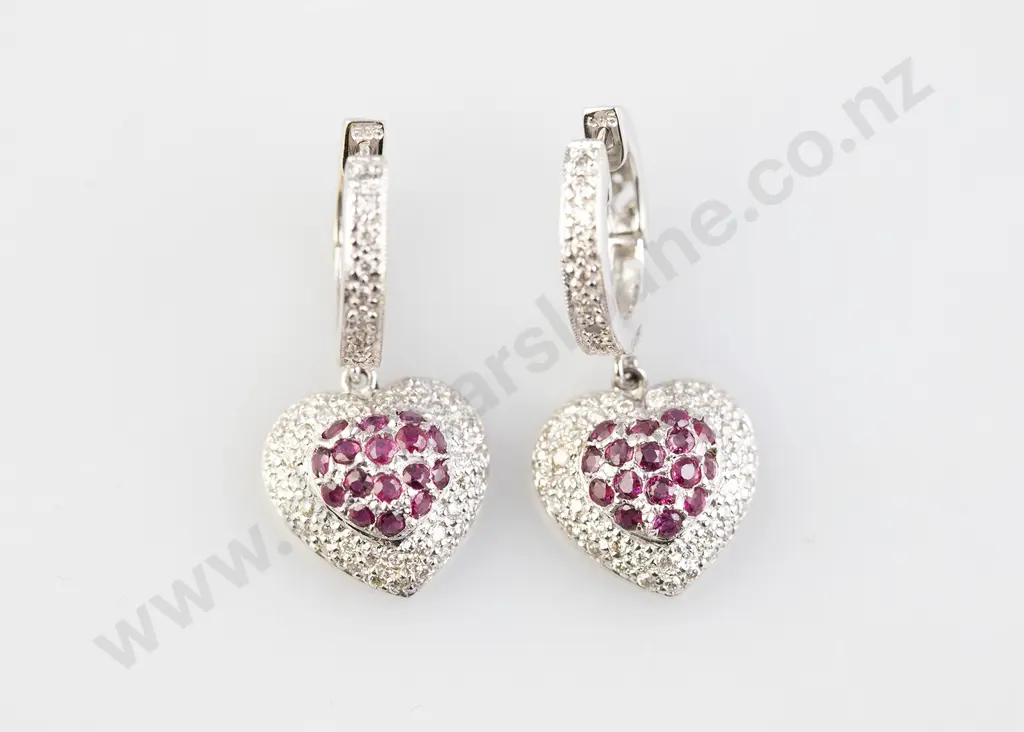 Pair 14ct White Gold Ruby and Diamond Heart Pendant Earrings Image 1++