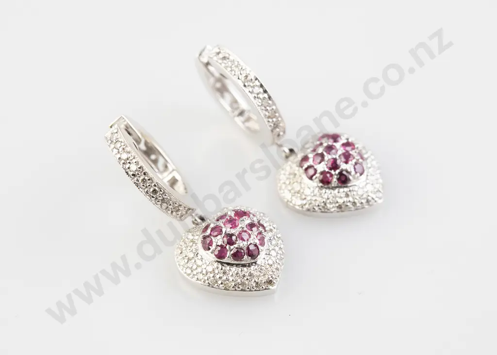 Pair 14ct White Gold Ruby and Diamond Heart Pendant Earrings Image 1++