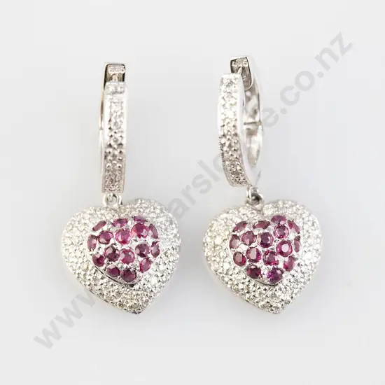 Pair 14ct White Gold Ruby and Diamond Heart Pendant Earrings