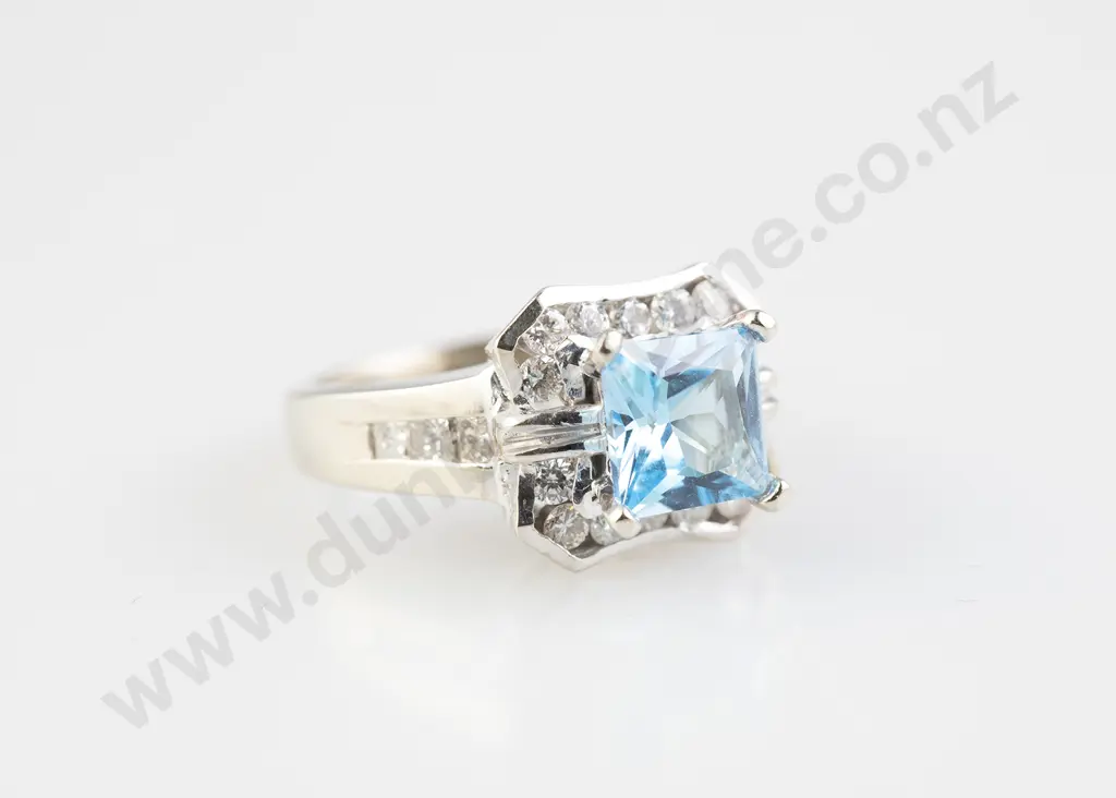 14ct White Gold Single Topaz and Diamond Dress Ring Image 1++