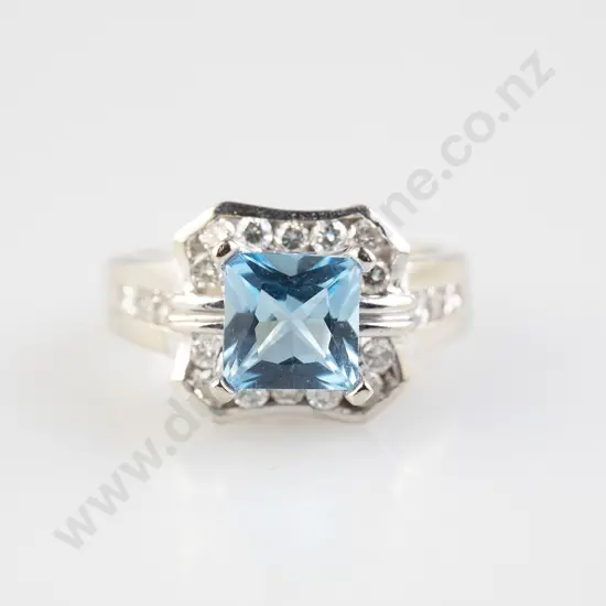14ct White Gold Single Topaz and Diamond Dress Ring