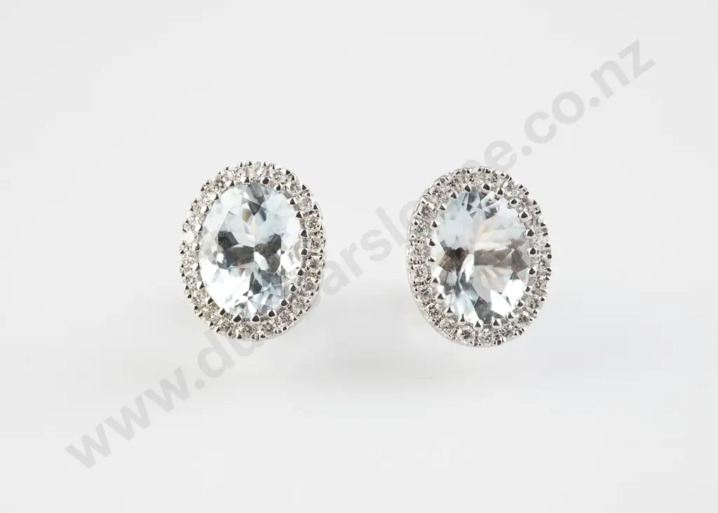 Pair 14ct White Gold Aquamarine and Diamond Cluster Stud Earrings Image 1++