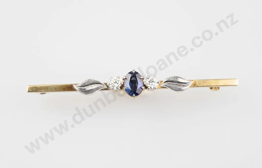 18ct & Platinum Three Stone Sapphire and Diamond Bar Brooch Image 1++