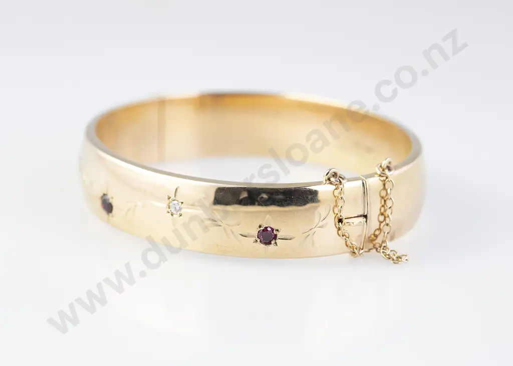 9ct Five Stone Ruby and Diamond Hinged Snap Bangle Image 1++