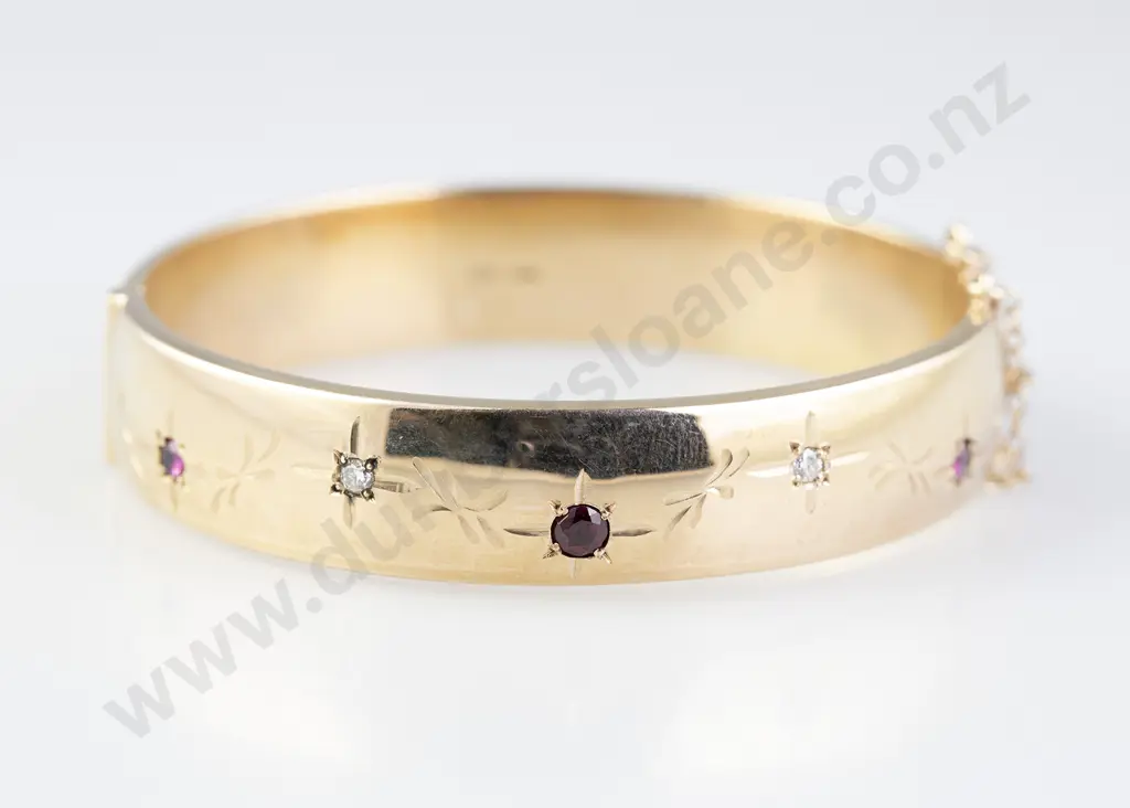 9ct Five Stone Ruby and Diamond Hinged Snap Bangle Image 1++