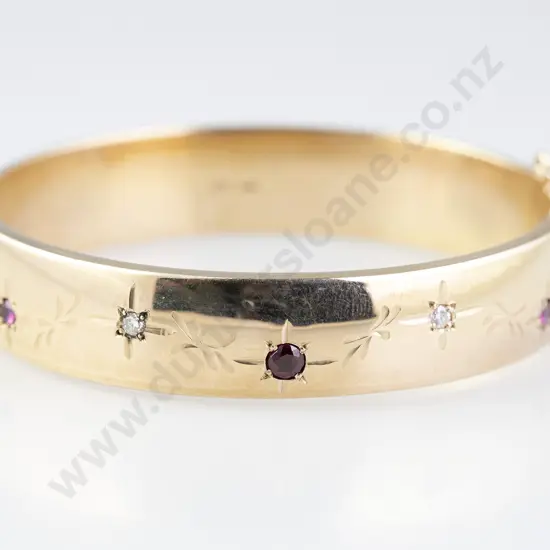 9ct Five Stone Ruby and Diamond Hinged Snap Bangle