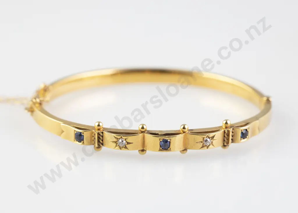 Victorian 15ct Five Stone Sapphire And Diamond Hinged Snap Bangle Image 1++