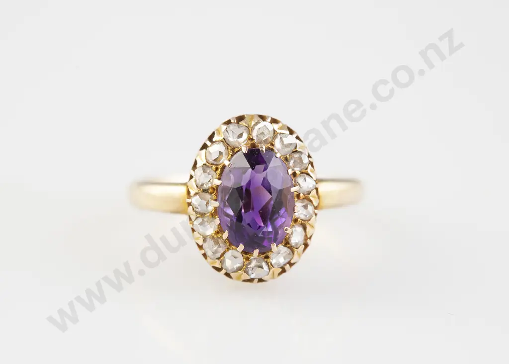 Victorian 15ct Single Amethyst and Diamond Cluster Ring Image 1++