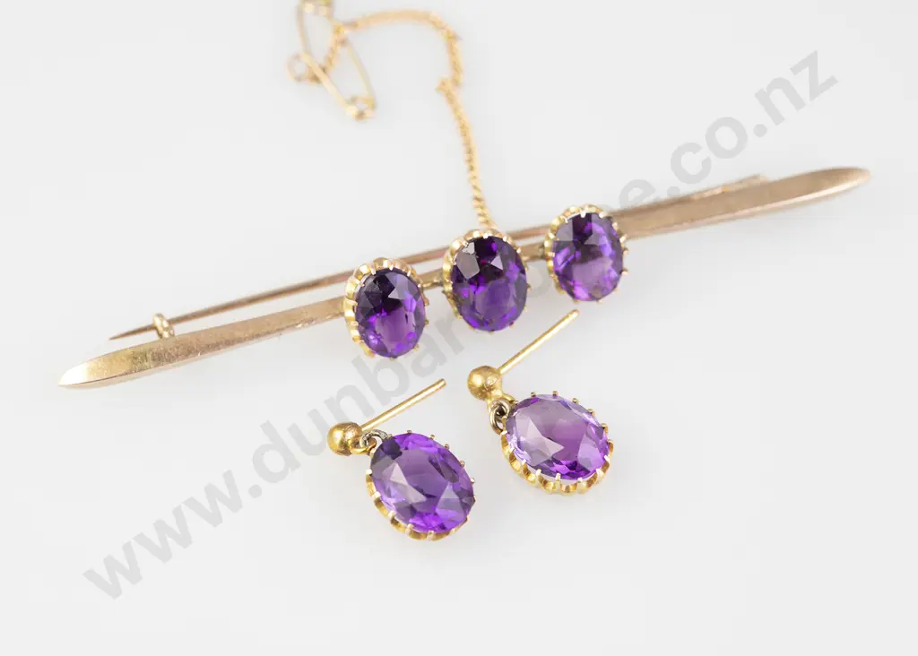 Edwardian 9ct Three Stone Amethyst Bar Brooch and Earrings Image 1++