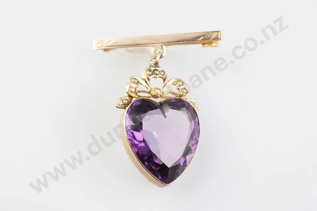 Edwardian 9ct Mounted Amethyst Heart Pendant Image 1++