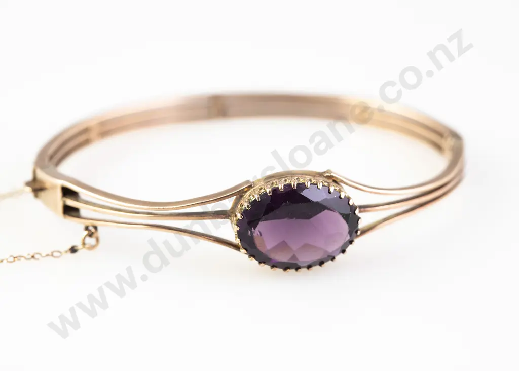 Victorian 9ct Single Amethyst Hinged Snap Bangle Image 1++
