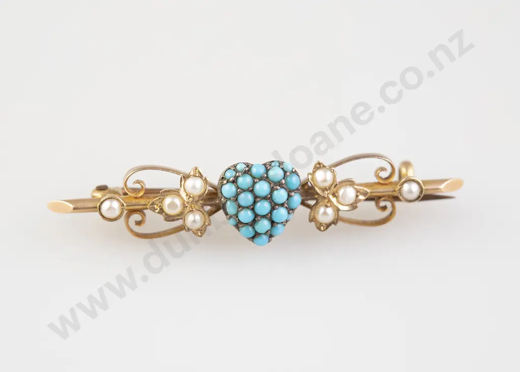 Victorian 9ct Turquoise and Seed Pearl Bar Brooch Image 1++