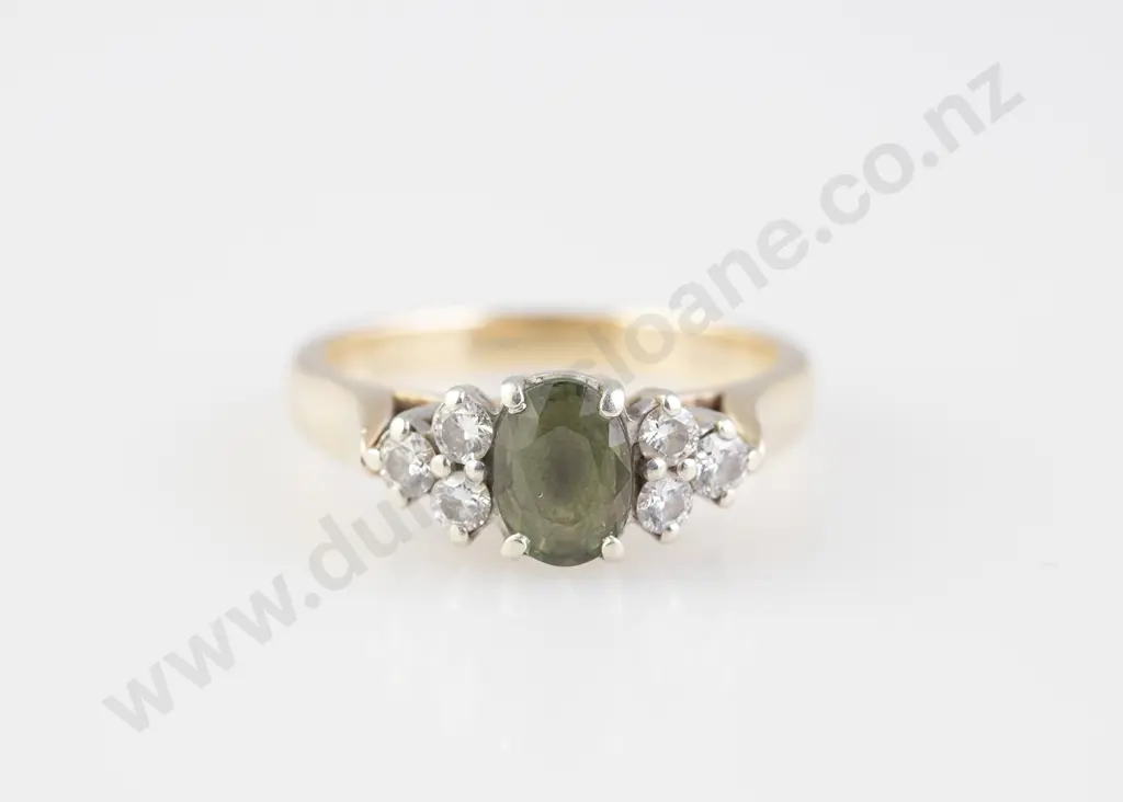 10ct Seven Stone Green Sapphire and Diamond Bridge Ring Image 1++