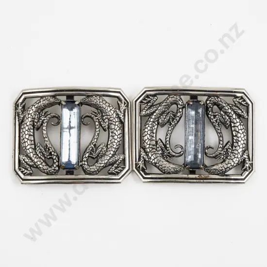 Pair Art Deco Made in France Pressed Metal and Glass Shoe Buckles