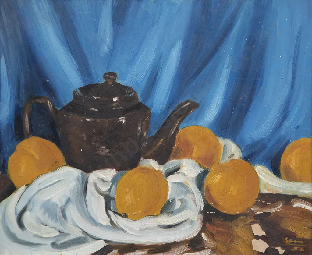 Sam Cairncross (1913-76) - Still Life (Citrus Fruit & Teapot) Image 1++