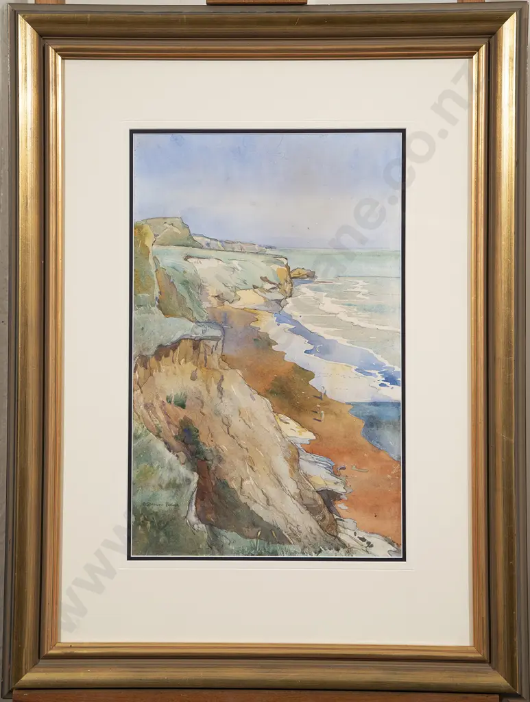 Olivia Spencer Bower (1905-82) - Coastal Scene with Figures on Beach Image 1++