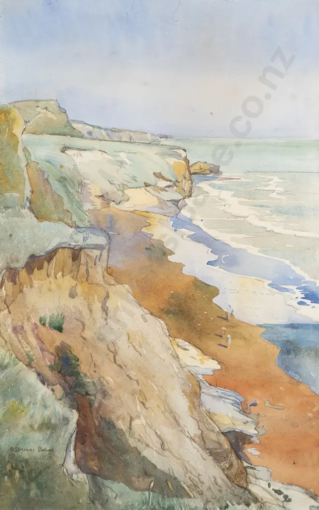 Olivia Spencer Bower (1905-82) - Coastal Scene with Figures on Beach Image 1++
