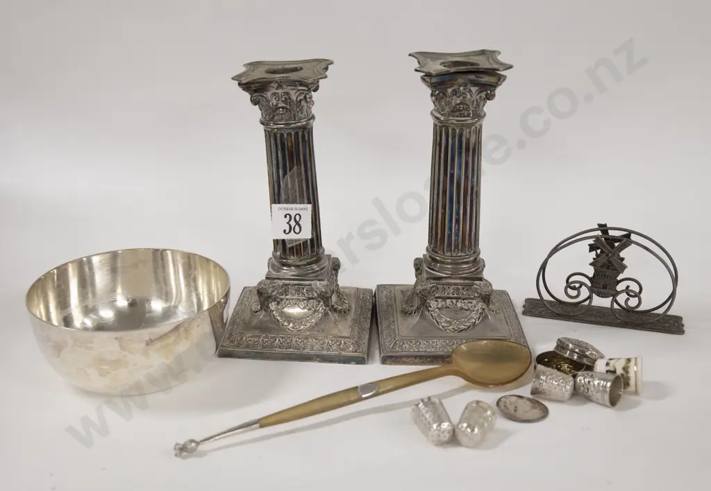 Pair of S/P Candlesticks Together With Assorted Thimbles And S/S Items Etc. Image 1++