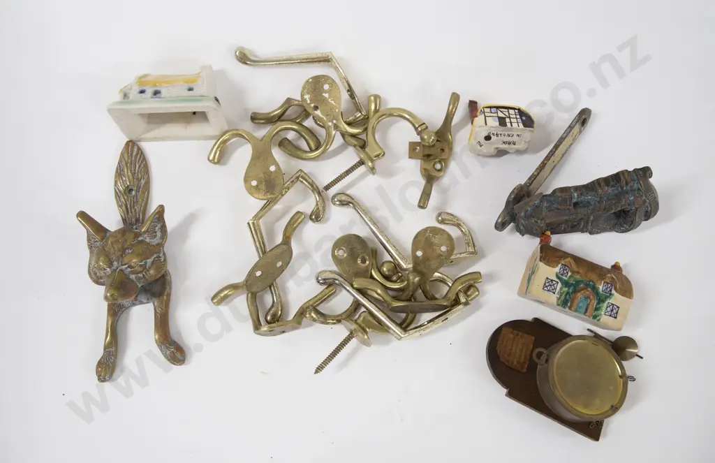 Small Box Of Assorted Including Brass Doorknockers And Coat Hooks Etc. Image 1++