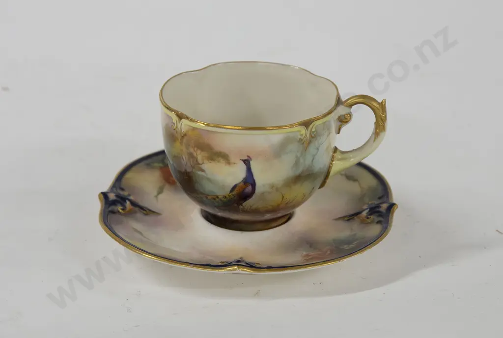 Royal Worcester Hand-Painted Cup With Peacock Decoration Together With Associated Saucer Image 1++