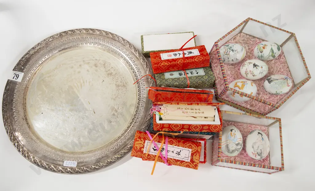 Silver-Plated Tray And Selection Of Asian Ornaments Image 1++
