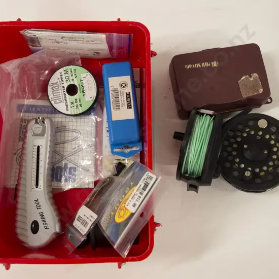 Small Box Of Fishing Accessories And Two Rods
