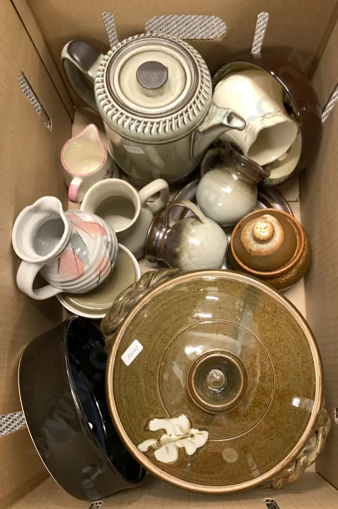 Box Of Assorted Pottery And Stoneware Including Denby Coffee Pot Image 1++