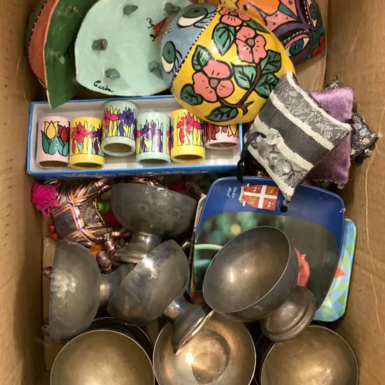 Box Of Assorted Silver Plate And Decorative Items Together With Triangular Cushions