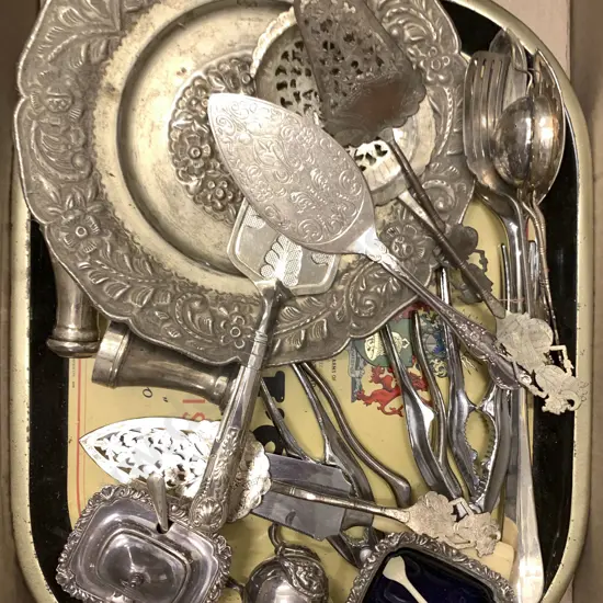 Quantity Of Assorted Silver Plate Cutlery Etc. On Advertising Tray