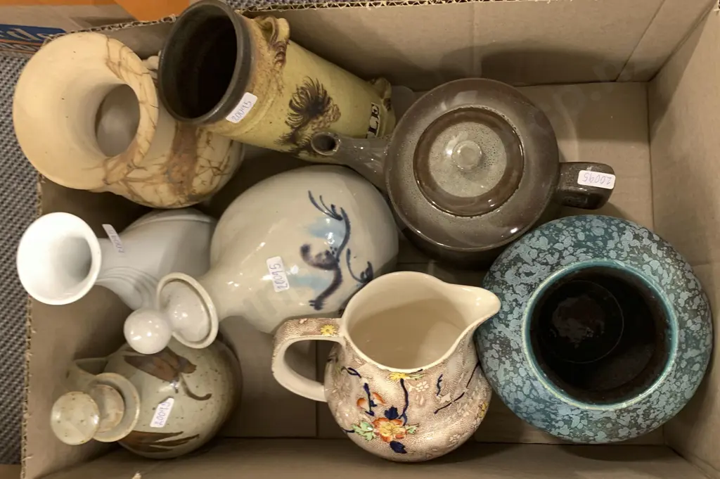 Box Of Assorted Stoneware And Pottery Including Coffee Pots And Flagons Etc. Image 1++
