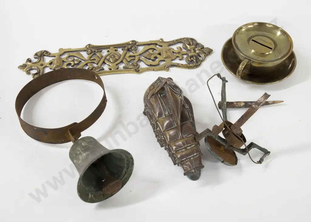 Small Assortment Of Copper And Brassware Including Ship Form Doorknocker And Cup And Saucer Money Box Image 1++