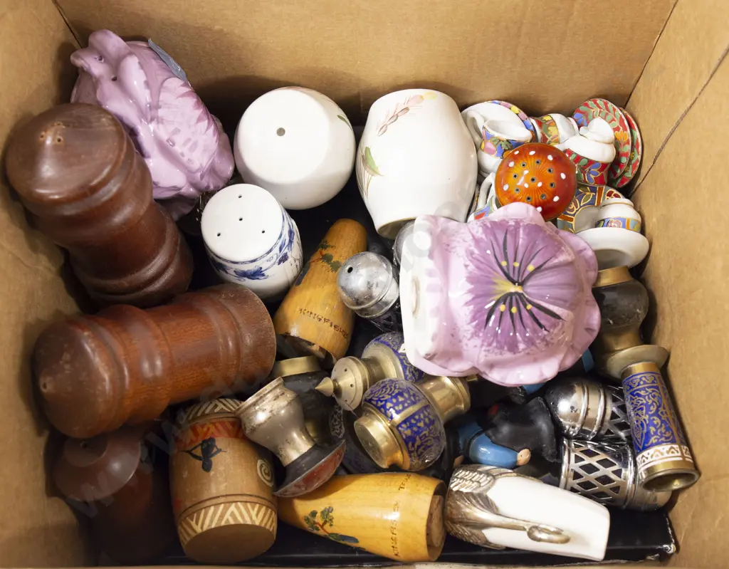 Box Of Assorted Condiments Including Cloisonné Salt And Pepper Etc. Image 1++