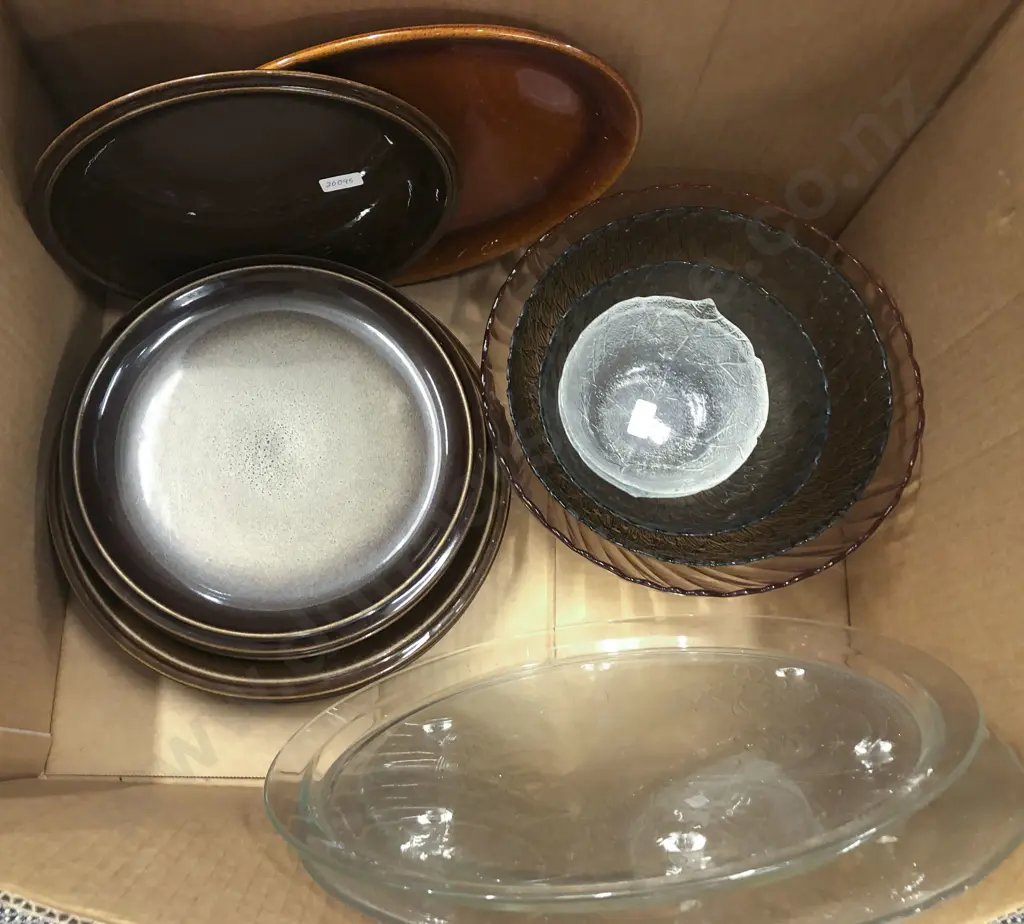 Box Of Assorted Stoneware Plates And Glass Serving Ware Image 1++