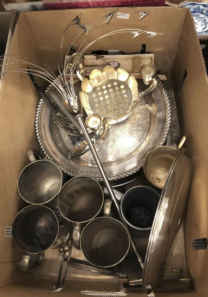 Box Of Assorted Silver Plate Including Trays And Tankards Image 1++