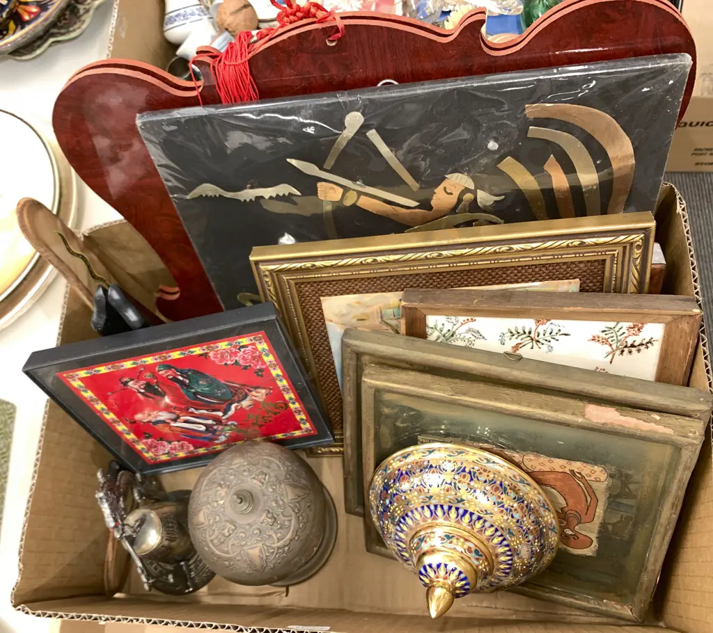 Box Of Assorted Decorative Framed Works And Tourist Tribal Items Etc. Image 1++