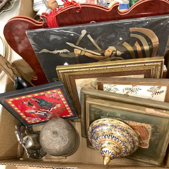 Box Of Assorted Decorative Framed Works And Tourist Tribal Items Etc.