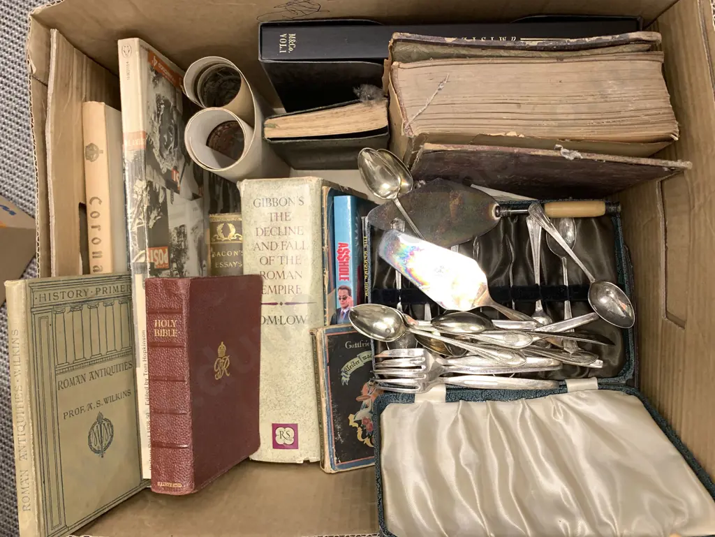 Box Of Assorted Books And Cutlery Image 1++
