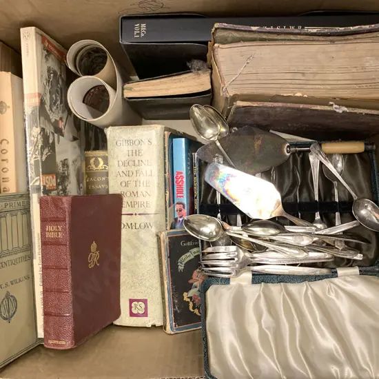 Box Of Assorted Books And Cutlery