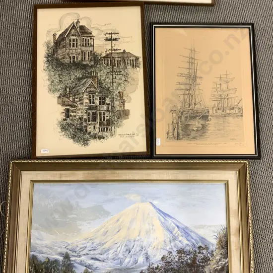 Oil Landscape And Four Various Prints