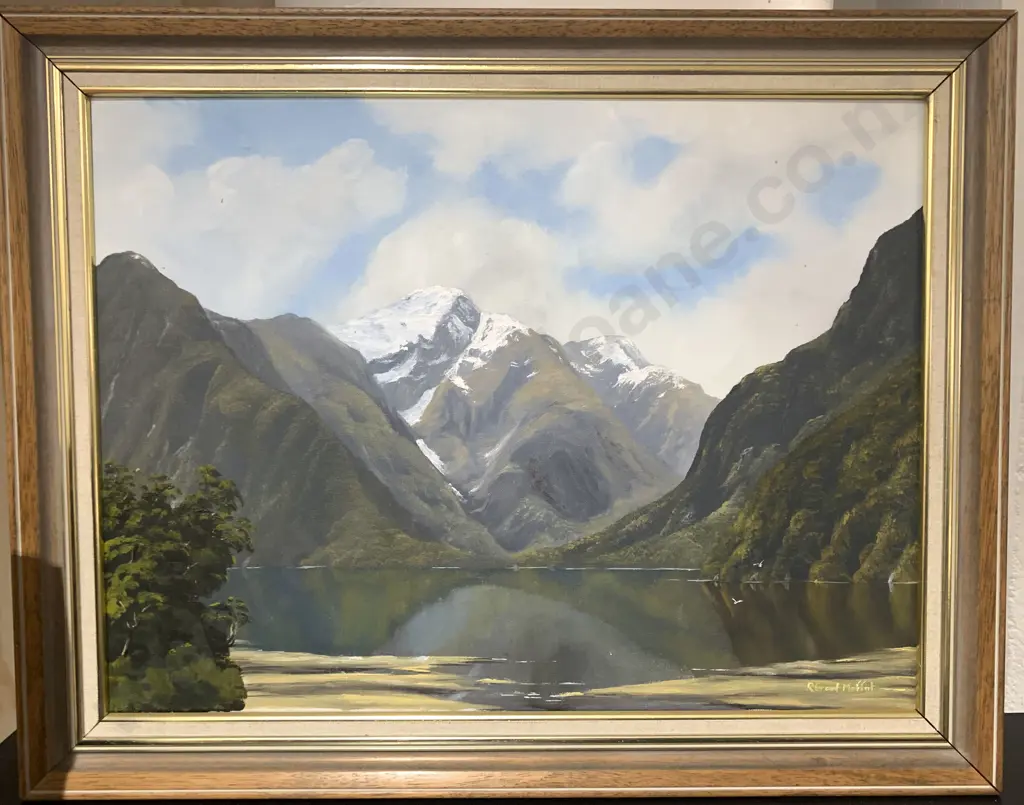R Grant Moffit South Island Lake and Mountains Oil on Canvas Image 1++