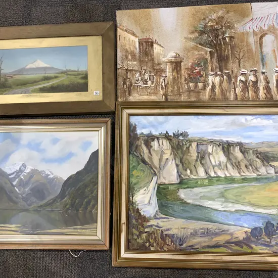 Pastel of Mt Egmont and Three Large Oil Landscapes