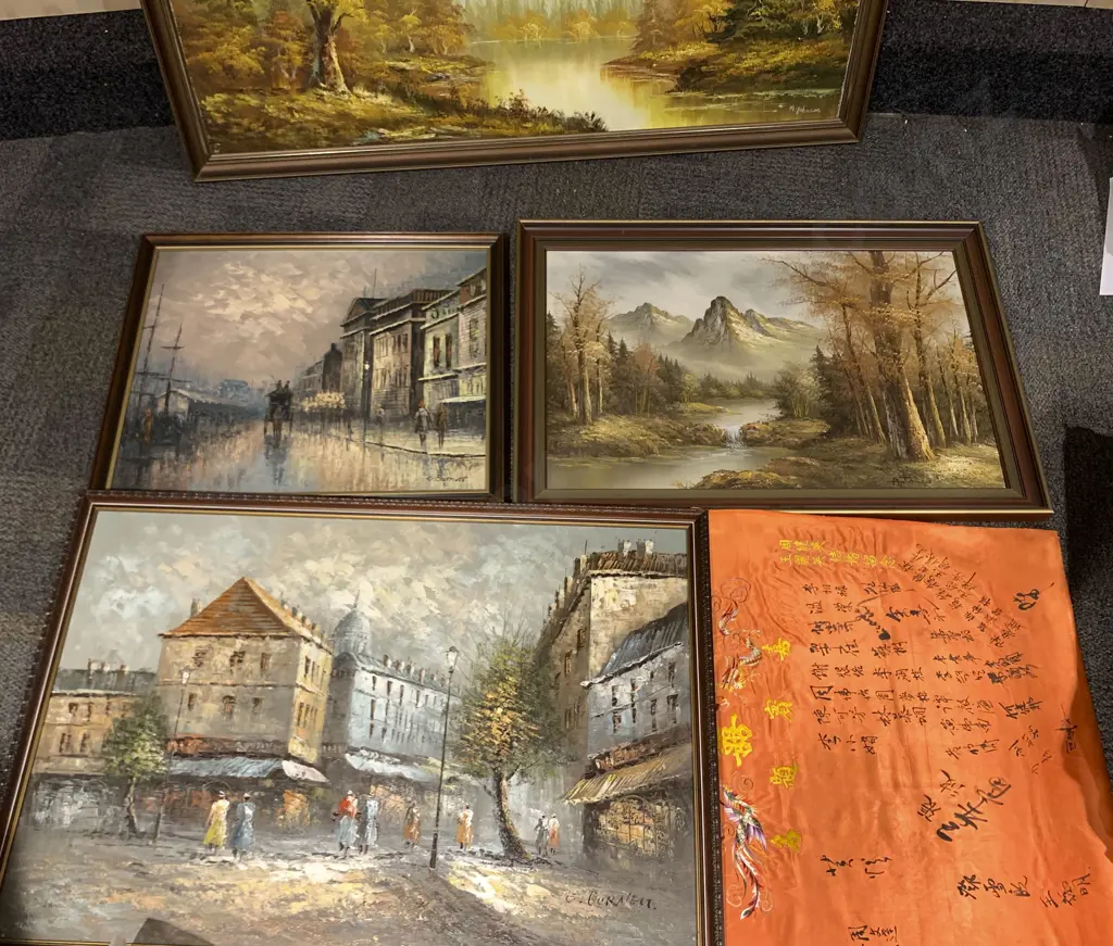 Four C1980s Oil Paintings with Mirror and Print Together with Silk Panel Image 1++