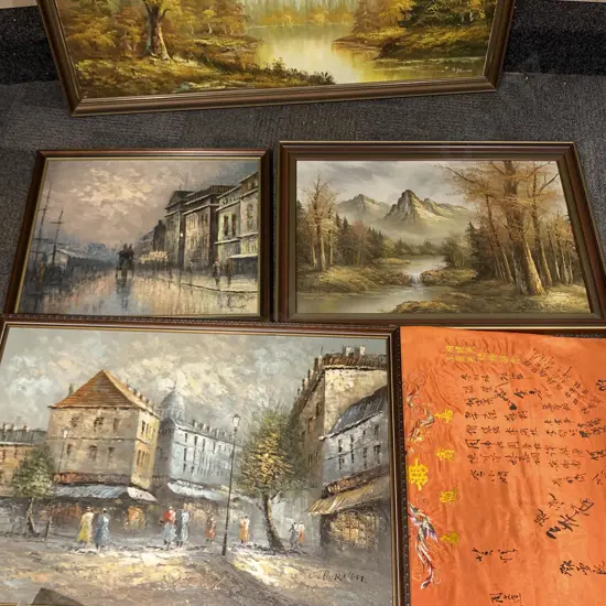 Four C1980s Oil Paintings with Mirror and Print Together with Silk Panel