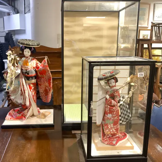 Two Japanese Geisha Dolls with Glazed Display Cases