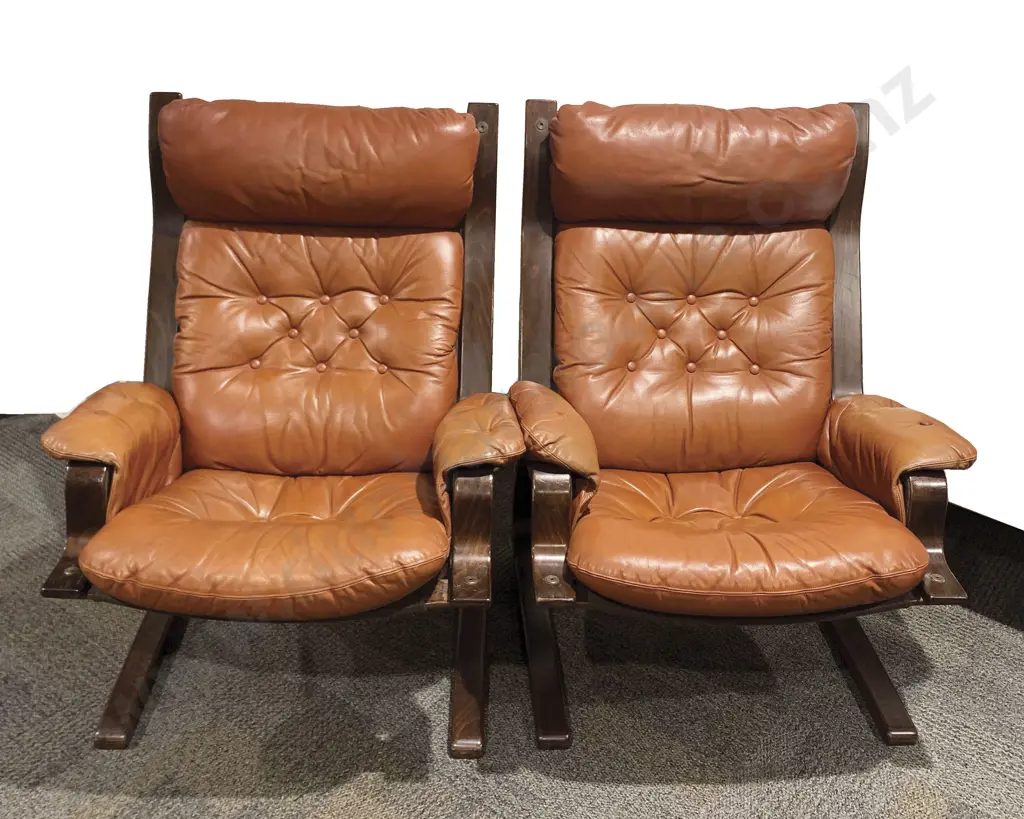 Pair Scandinavian Style Mid C20th Design Leather Arm Chairs Image 1++
