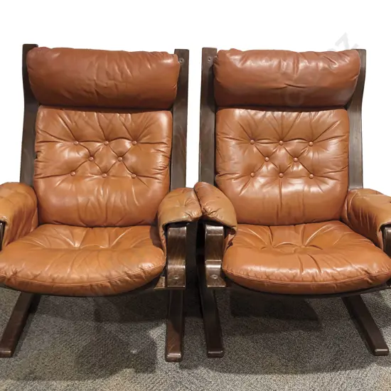 Pair Scandinavian Style Mid C20th Design Leather Arm Chairs