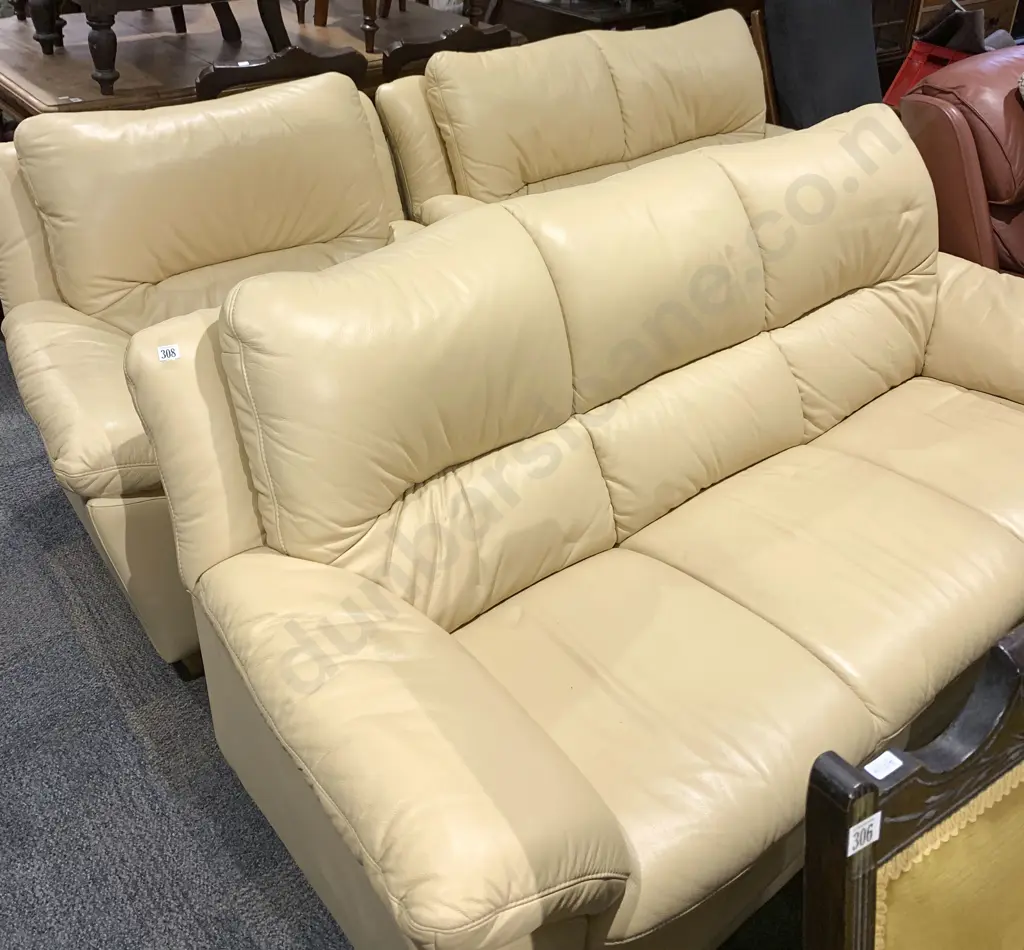 Three Piece Cream Leather Lounge Suite Image 1++