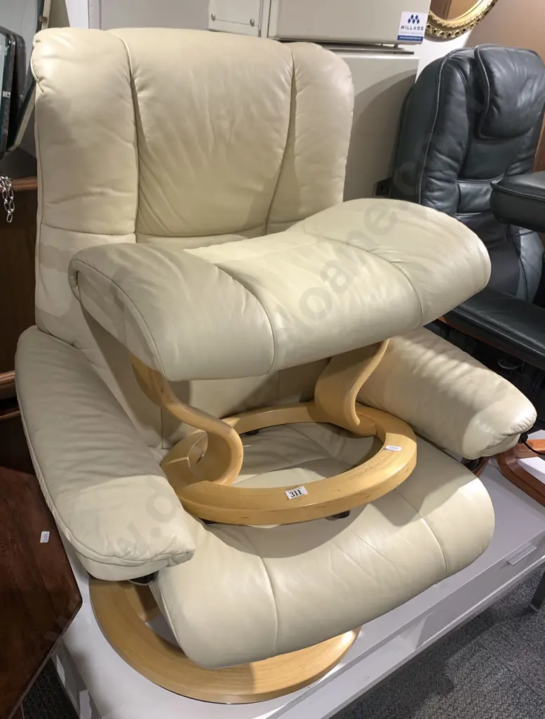 Modern Cream Leather Armchair and Footstool Image 1++