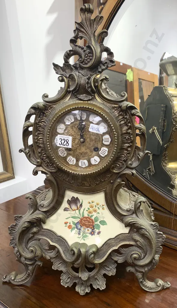 Ornate Cast Brass Mantel Clock Image 1++